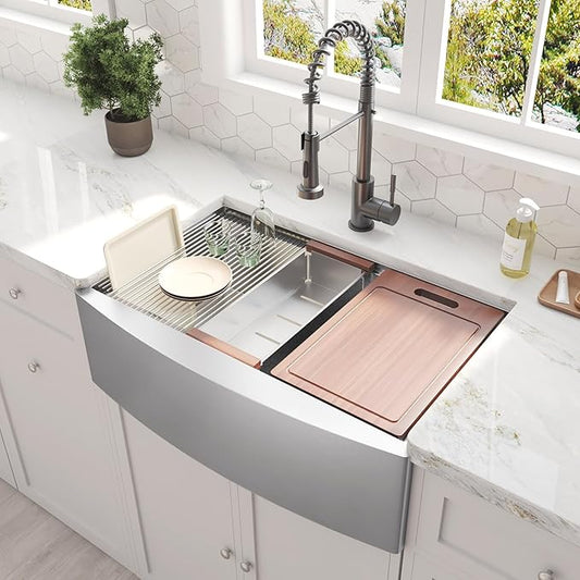 CELAENO 33 inch Farmhouse Kitchen Sink, Heavy Duty Single Bowl Apron Front Stainless Steel Workstation 18 Gauge, 9” Deep Handmade R10 Radius Farm Sink with Various Accessories