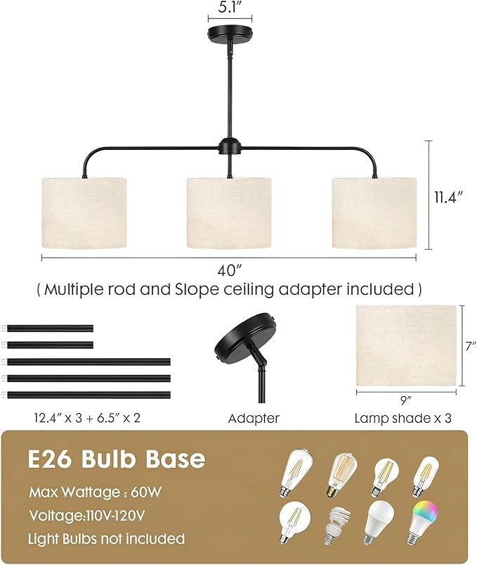 3-Light Black Linear Chandelier with Linen Beige Drum Shades, Modern Pendant Light Fixture for Kitchen Island, Dining Room, Living Room, Bedroom, E26 Base Compatible