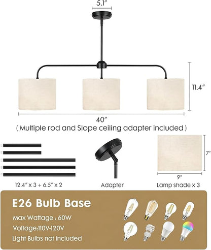 3-Light Black Linear Chandelier with Linen Beige Drum Shades, Modern Pendant Light Fixture for Kitchen Island, Dining Room, Living Room, Bedroom, E26 Base Compatible