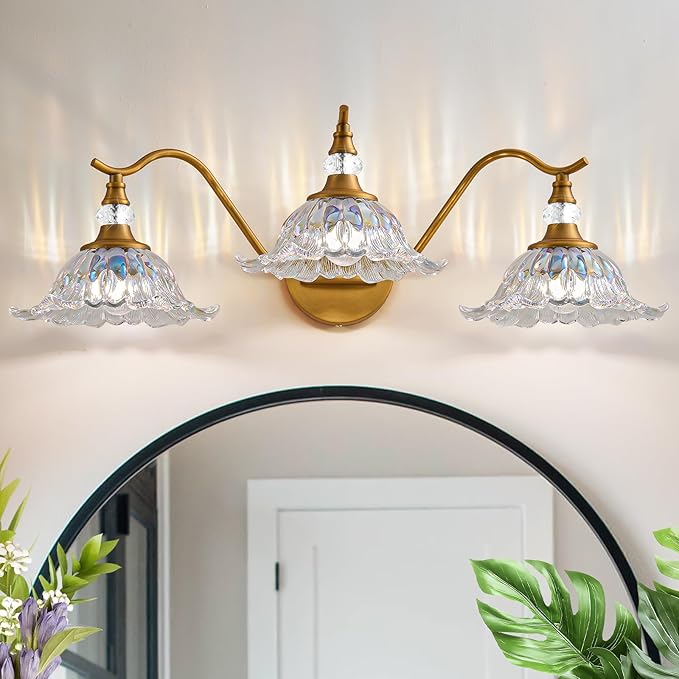 Vintage Bathroom Vanity Light Fixtures - 3 Light Iridescent Flower Glass Antique Brass Bathroom Lights Fixture Over Mirror,Retro Brushed Gold Bronze Wall-Mounted Vanity Lighting for Powder Room