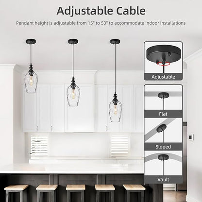 Glass Pendant Lights Kitchen Island Hanging Lighting Fixtures, Transparent Water Ripple Glass Lamp Shade Farmhouse Pendant Light Fixtures, Black Pendant Light for Kitchen, Sink, Dining Room