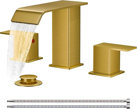 FORIOUS Brushed Gold Bathroom Sink Faucets 3 Hole Widespread, 2 Handles Bathroom Faucet with Pop-up Drain and Flexible Hot and Cold Water Hoses, Suitable for Vanity RV Restroom
