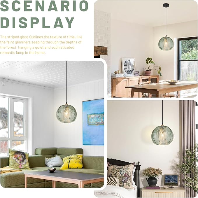 Green Glass Pendant Light Set of 2 Modern Globe Pendant Lighting Farmhouse Gold Pendant Light Hand-Blown Ribbed Chandelier Kitchen Island Lighting for Dining Room Bar