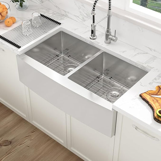 Sarlai 36 Farmhouse Kitchen Sink Stainless Steel Double Bowl - 36 Inch Farm Sink Apron Front Double Bowl 50/50 Stainless Steel 16 Gauge Farmer Kitchen Sinks Basin