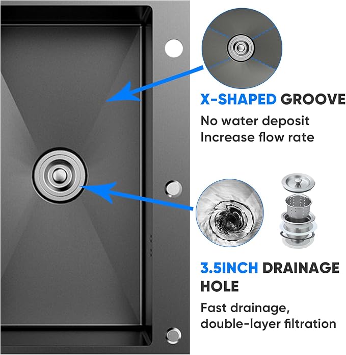 Black Drop in Kitchen Sink, 30x18 Inch Stainless Steel Single Bowl Kitchen Sinks, Topmount 18 Gauge Metal Laundry Sink with Drain Basket and Strainer Mesh Set