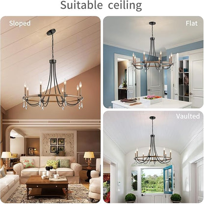 WUZUPS Wagon Wheel Chandelier Rustic Farmhouse Industrial Round Pendant Light Fixture with Smoky Gray Crystal for Dining Room Kitchen Island, H 28.3" x W 30.3", E12 Base, Brown Black
