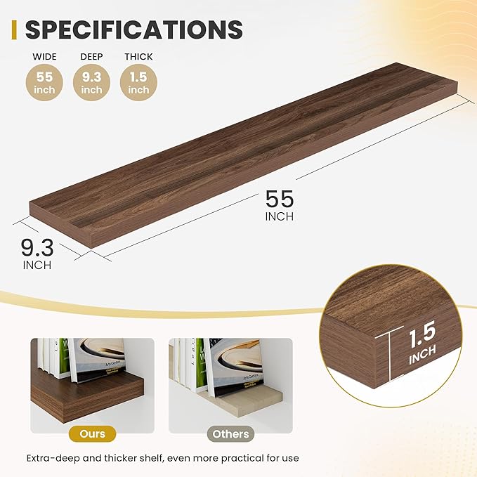 Acovy 55 Inch Floating Shelves, 9.3" Deep Floating Shelf Wall Mounted, 56" Wall Shelves, Rustic Deep Bookshelf, Large Display Shelves & Storage Shelves for Bedroom, Living Room, Walnut, Set of 2