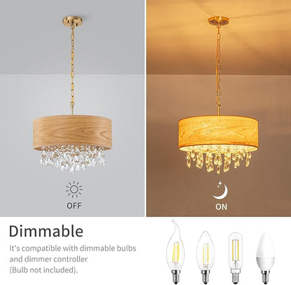 LumFurn D18inch Drum Wood K9 Crystal Chandeliers, 4-Light Boho Style Pendant Light Fixture for Dining Room, Living Room, D18 x 21~68"(Adjustable), Solid Wood Lampshade & Gold Finish