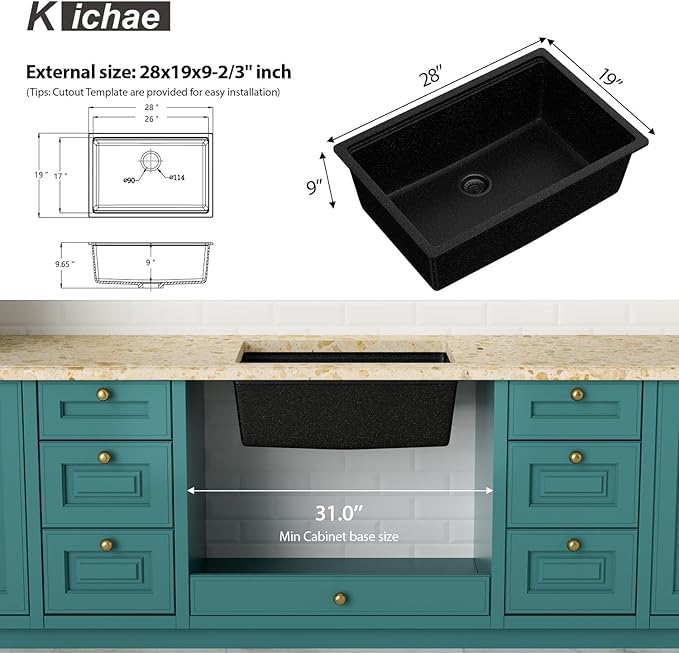 Kichae 28 inch Undermount Kitchen Sink Black - 28"x19" Granite Composite Kitchen Sink Ledge Workstation Undermount Black Quartz 10" Deep Under Counter Single Bowl Sinks