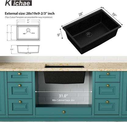 Kichae 28 inch Undermount Kitchen Sink Black - 28"x19" Granite Composite Kitchen Sink Ledge Workstation Undermount Black Quartz 10" Deep Under Counter Single Bowl Sinks