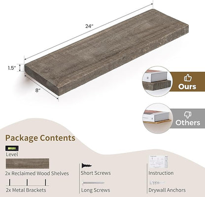 FLYJOE Floating Shelves, 8 Inch Deep Rustic Solid Reclaimed Wood Wall Shelves for Storage, Wall Mounted Display Shelving with Invisible Heavy-Duty Metal Bracket, 24 Inch Width Set of 2, Cement Grey