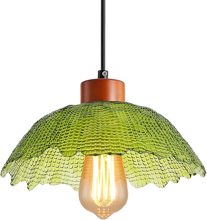ANYLOVE Vintage Green Hammered Glass Pendant Light,11inch Gradient Petal Ceiling Hanging Lamp,Adjustable Hanging line for Kitchen Island, Dining Room, Bedroom, Hallway,Farmhouse