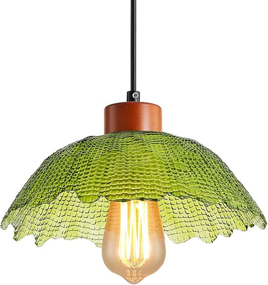 ANYLOVE Vintage Green Hammered Glass Pendant Light,11inch Gradient Petal Ceiling Hanging Lamp,Adjustable Hanging line for Kitchen Island, Dining Room, Bedroom, Hallway,Farmhouse