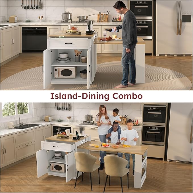 Rovibek Kitchen Island Expandable Table with Storage for 2-6 Person, Kitchen Islands with 2 Drawers, 2 Side Open Shelves and Built-in Power Outlet, Faux Marble Top Kitchen Island Table White