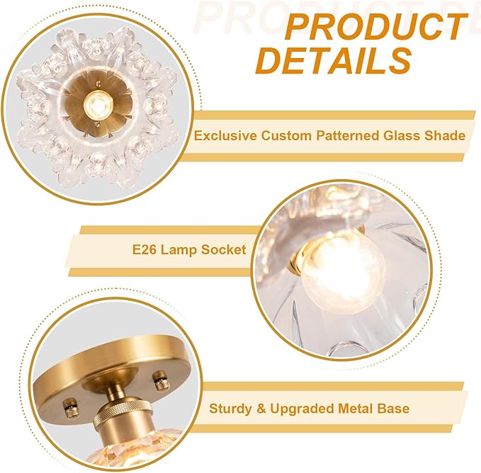 Semi Flush Mount Ceiling Light, Vintage Ceiling Light 11",Transparent Glass Light Fixture E26 for Kitchen Entryway Bedroom Dining Room