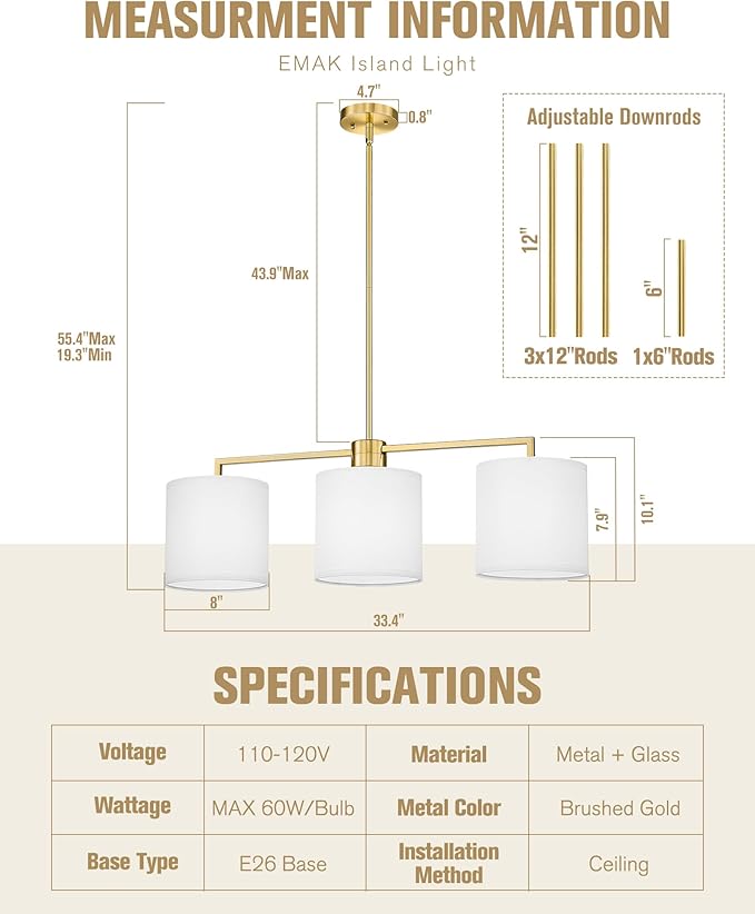 Emak Modern 3-Light Dining Room Light Fixtures Over Table, 34 Inch Linear Chandelier with White Linen Drum Shade, Brushed Gold Island Lights for Kitchen, Dining Room, Bar, IL128-BGD-WF-3