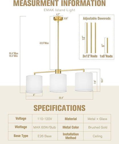 Emak Modern 3-Light Dining Room Light Fixtures Over Table, 34 Inch Linear Chandelier with White Linen Drum Shade, Brushed Gold Island Lights for Kitchen, Dining Room, Bar, IL128-BGD-WF-3