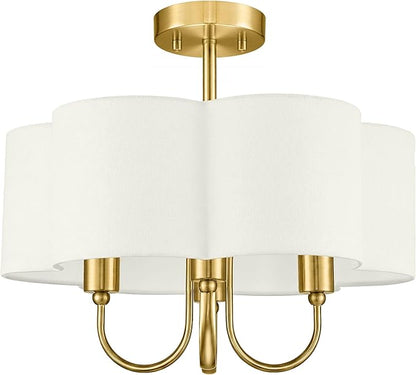 Gold Semi Flush Mount Ceiling Light, 18" 4-Light Light Fixtures Ceiling Mount with Beige Petal Fabric Shade for Kitchen Nursery Entryway Hallway Bedroom, E26 Base, SM179-BG-B-6