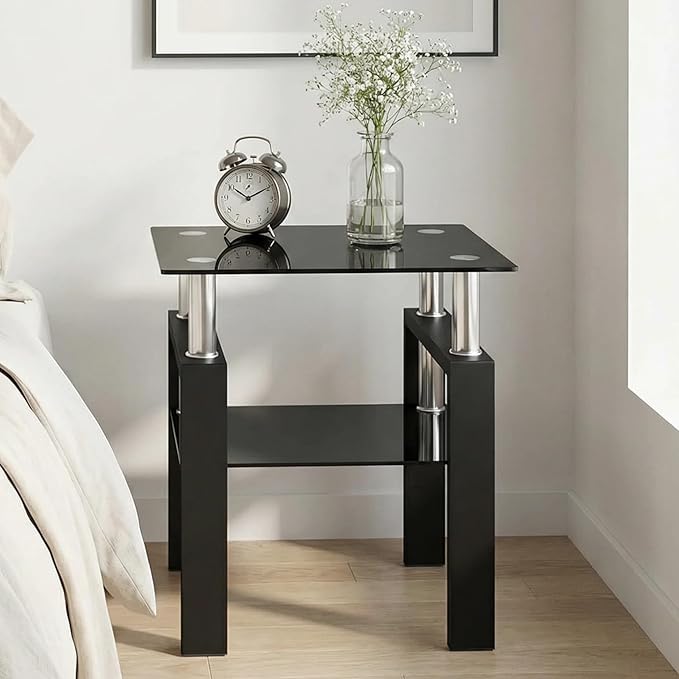 IANIYA Modern Glass Side Table, 2-Tier End Table with Tempered Glass Top & Metal Legs, Night Stand Corner Small Table for Living Room, Bedroom, Small Space All Black