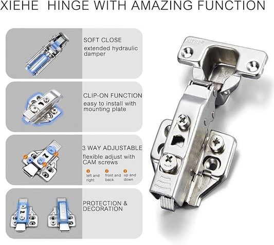 XIEHE Hardware 110 Degree Clip-on Soft Closing Inset Frameless Hinges 4 Pack, for Kitchen Cabinets Door Brushed Nickel 3D Flush Mount European Hinge with Screws