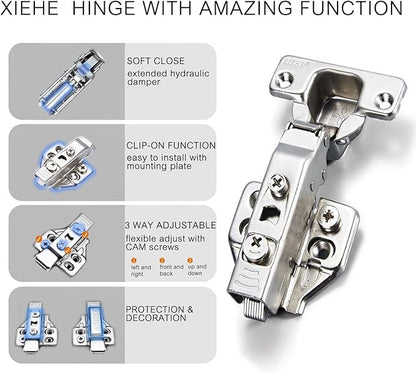 XIEHE Hardware 110 Degree Clip-on Soft Closing Full Overlay Frameless Hinges 2 Pack, for Kitchen Cabinets Door Brushed Nickel 3D Flush Mount European Hinge with Screws