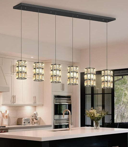 6-Lights Rectangle Modern Crystal Pendant Lights for Kitchen Island LED Dimmable Glam Pendant Lighting Chandelier for Dining Room Hallway Corner Lamp Black