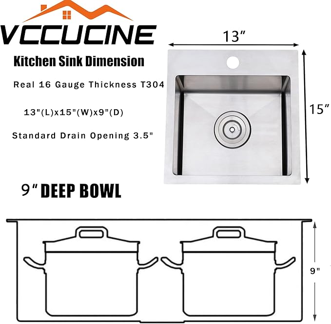 VCCUCINE Bar Sink Drop in,13x15 Inch Topmount RV Small Kitchen Sink,Handmade Stainless Steel Wet Bar Sink,Outdoor Single Bowl,Brushed Nickel Prep Sink with Accessories