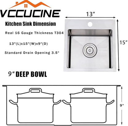 VCCUCINE Bar Sink Drop in,13x15 Inch Topmount RV Small Kitchen Sink,Handmade Stainless Steel Wet Bar Sink,Outdoor Single Bowl,Brushed Nickel Prep Sink with Accessories