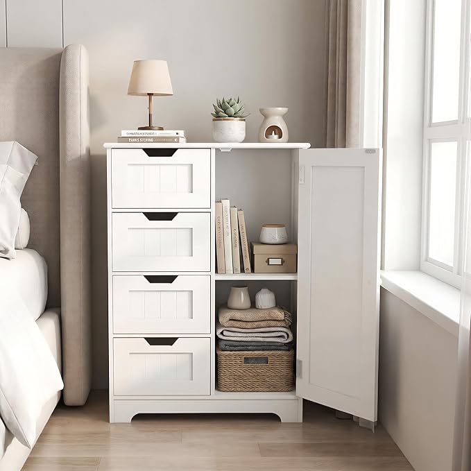 Casaphoria Bathroom Storage Cabinet with Drawers, Freestanding Floor Cabinet with Door and Adjustable Shelf, 4-Drawer Sideboard for Bathroom, Living Room, Kitchen, White