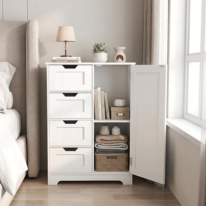 Casaphoria Bathroom Storage Cabinet with Drawers, Freestanding Floor Cabinet with Door and Adjustable Shelf, 4-Drawer Sideboard for Bathroom, Living Room, Kitchen, White