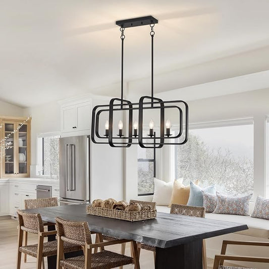 TOULMJ 5-Light Dining Room Light Fixture, 31.5" Black Farmhouse Kitchen Island Lighting Modern Linear Chandeliers for Dining Room Kitchen Island with Adjustable Rods