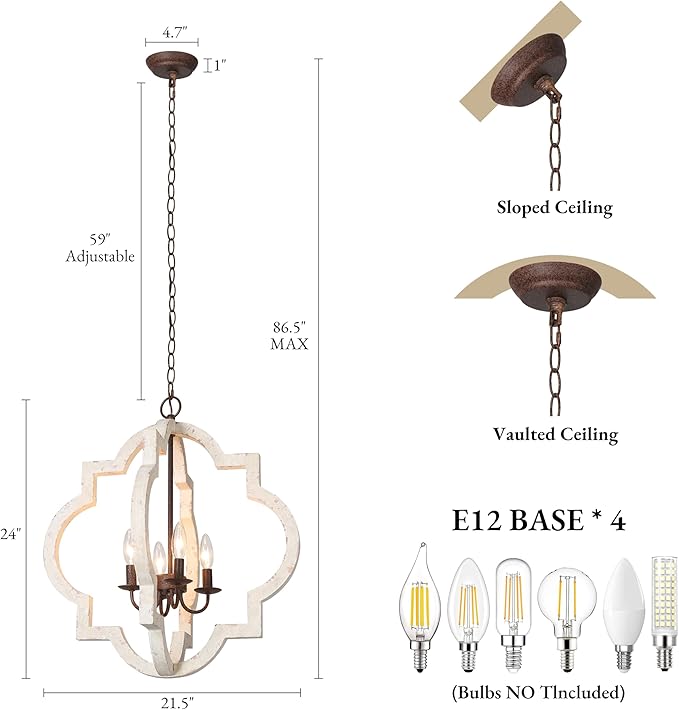 LALUZ Farmhouse White Wood Chandelier, Rustic 4-Light Distressed Pendant Light with Rust Brown Metal Frame, French Country Lighting Fixtures Adjustable Height for Dining Room, Kitchen Island, Foyer