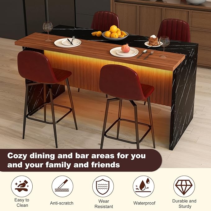 63-Inch Modern Kitchen Island Set with 4 Dark Brown Stools Black Marble Look Led Lighting & Grill Design for Dining Room, Open Concept Spaces Modern Elegance