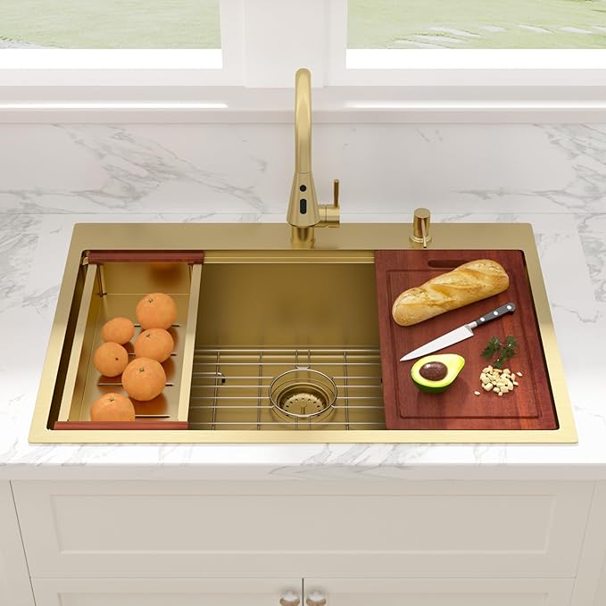 Sarlai 33 Gold Drop In Sink 33x22 Inch Drop In Kitchen Sink Gold Ledge Workstation Sink 16 Gauge Stainless Steel Single Bowl Topmount Sinks Basin