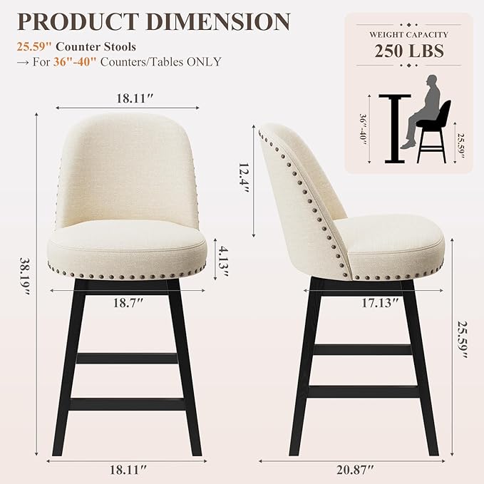 MALOL Swivel Bar Stool, Upholstered Fabric Mid Century Mondern Barstool, 26 inch Counter Height Bar Chair with Solid Back and Wood Legs, for Kitchen Island，Beige