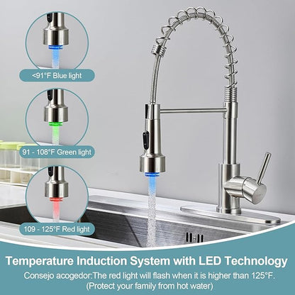 LED Kitchen Faucets with Pull Down Sprayer, Brushed Nickel Modern Single Handle Stainless Steel Pull Out Spring Sink Faucet with LED Light for RV Bar Farmhous Laundry Outdoor