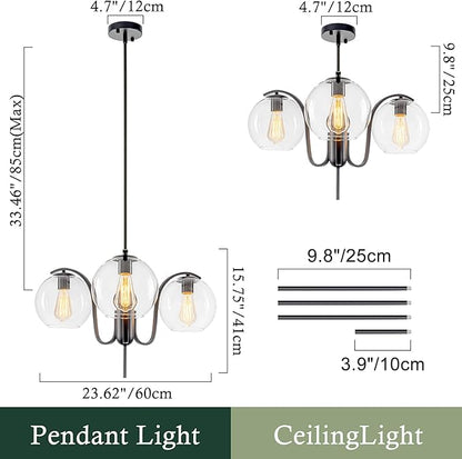 Industrial 3-Light Black Chandelier with Downward Curved Arms, Modern Pendant Light Fixture with Clear Glass Shade, Metal Hanging Ceiling Lighting for Kitchen, Dining Room, Entryway