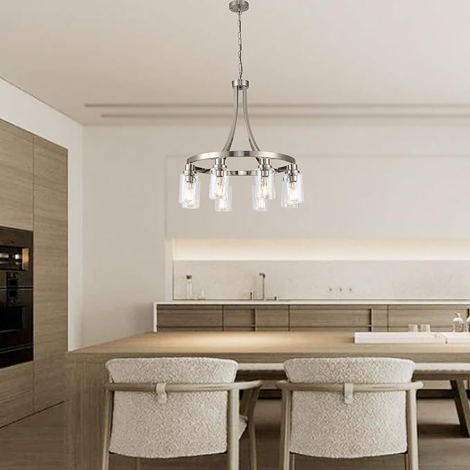 Dining Room Lighting Fixtures Hanging, Brushed Nickel for Kitchen Dining Room Living Room Kitchen Island Linear Pendant 8 Light Chandeliers with Clear Glass Shades