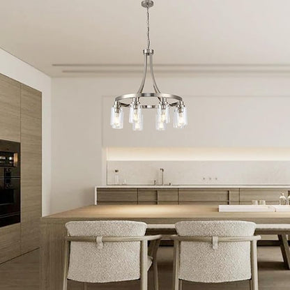 Dining Room Lighting Fixtures Hanging, Brushed Nickel for Kitchen Dining Room Living Room Kitchen Island Linear Pendant 8 Light Chandeliers with Clear Glass Shades