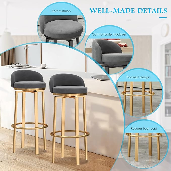 Swivel Stools Gold Metal Leg Height stools with Back High Dining Chairs for Home Kitchen Island-Grey 2 Pcs-25.6in Sitting (Grey 1 Pcs)