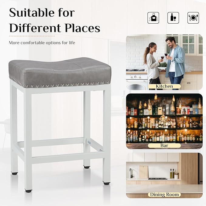 Sweetcrispy 24 inch Bar Stools Set of 4, Upholstered Modern Counter Height Bar Stools for Kitchen Island Modern PU Leather Sadless Stools Chair with Metal Base and Footrest,Grey