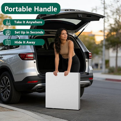 Folding Table 4ft - Heavy Duty Fold-in-Half Plastic Table with Adjustable Height, Portable Utility Tables with Steel Legs for Indoor, Outdoor, Picnic, Camping, Dining, Party (White)