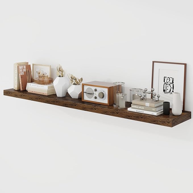 Acovy 55 Inch Floating Shelves, 9.3" Deep Floating Shelf Wall Mounted, 56" Wall Shelves, Rustic Deep Bookshelf, Large Display Shelves & Storage Shelves for Bedroom, Living Room, Brown, Set of 1