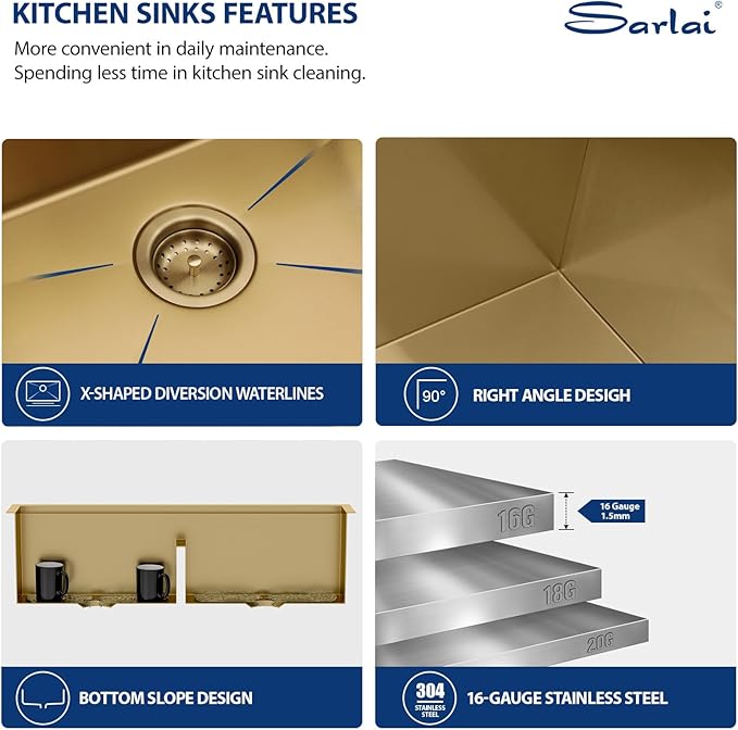 Sarlai 36 Inch Gold Undermount Kitchen Sink Double Bowl Large Workstation Sink Low Divided Gold Stainless Steel Sinks 16 Gauge 50/50 Sinks Double Basin
