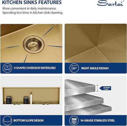 Sarlai 36 Inch Gold Undermount Kitchen Sink Double Bowl Large Workstation Sink Low Divided Gold Stainless Steel Sinks 16 Gauge 50/50 Sinks Double Basin