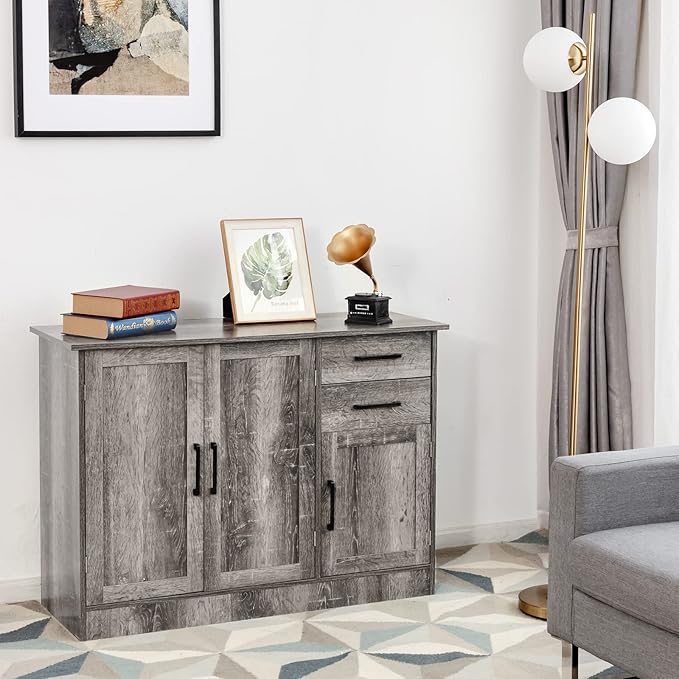 Giantex Buffet Server Sideboard Storage Cabinet Console Table Utensils Organizer Kitchen Dining Room Furniture, Entryway Cupboard with 2-Door Cabinet and 2 Drawers (Weathered Oak)
