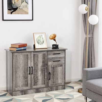 Giantex Buffet Server Sideboard Storage Cabinet Console Table Utensils Organizer Kitchen Dining Room Furniture, Entryway Cupboard with 2-Door Cabinet and 2 Drawers (Weathered Oak)