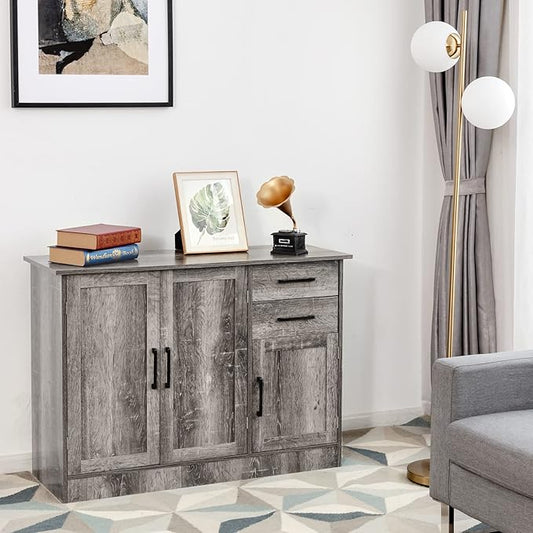 Giantex Buffet Server Sideboard Storage Cabinet Console Table Utensils Organizer Kitchen Dining Room Furniture, Entryway Cupboard with 2-Door Cabinet and 2 Drawers (Weathered Oak)