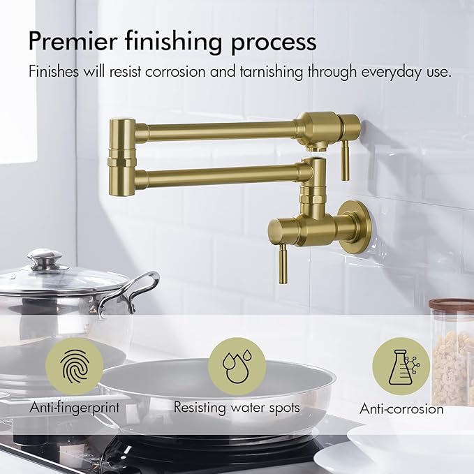 BAGNOLUX Traditional Wall Mounted Single Hole Pot Filler Faucet, Brass Kitchen Faucet Restaurant Stove with 2 Lever Handles and Double Jointed Swing Arm, 23.4 Inch, Brushed Gloss Dark Gold-PVD