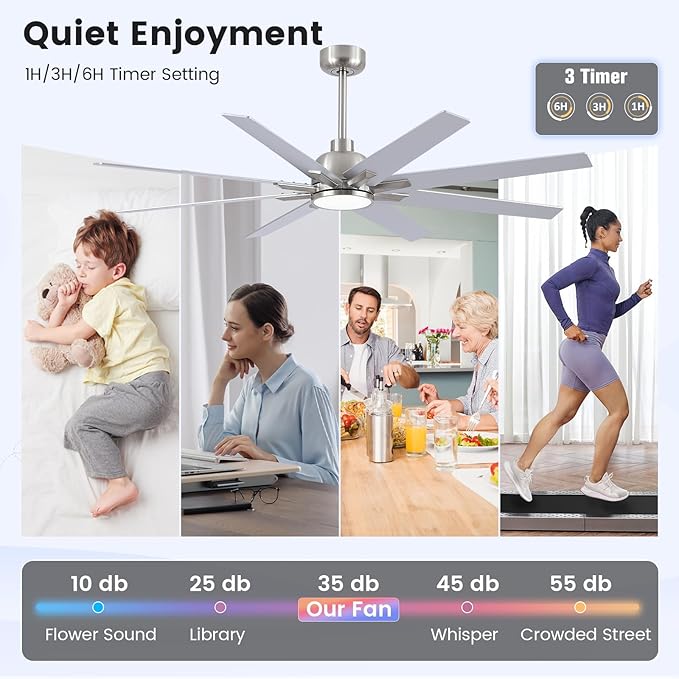 Newday 62 inch Brushed Nickel Ceiling Fan with Light & Remote, Indoor/Outdoor 8-Blade Fan, 6-Speed Silent Reversible DC Motor, 3CCT LED, Timer, 2 Downrods for Living Room/Patio